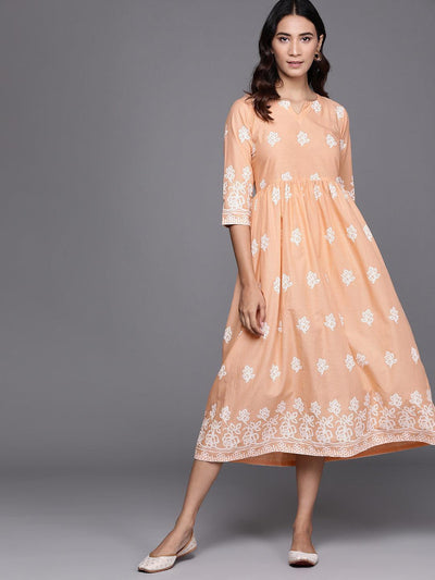 Beige Printed Cotton Dress - ShopLibas