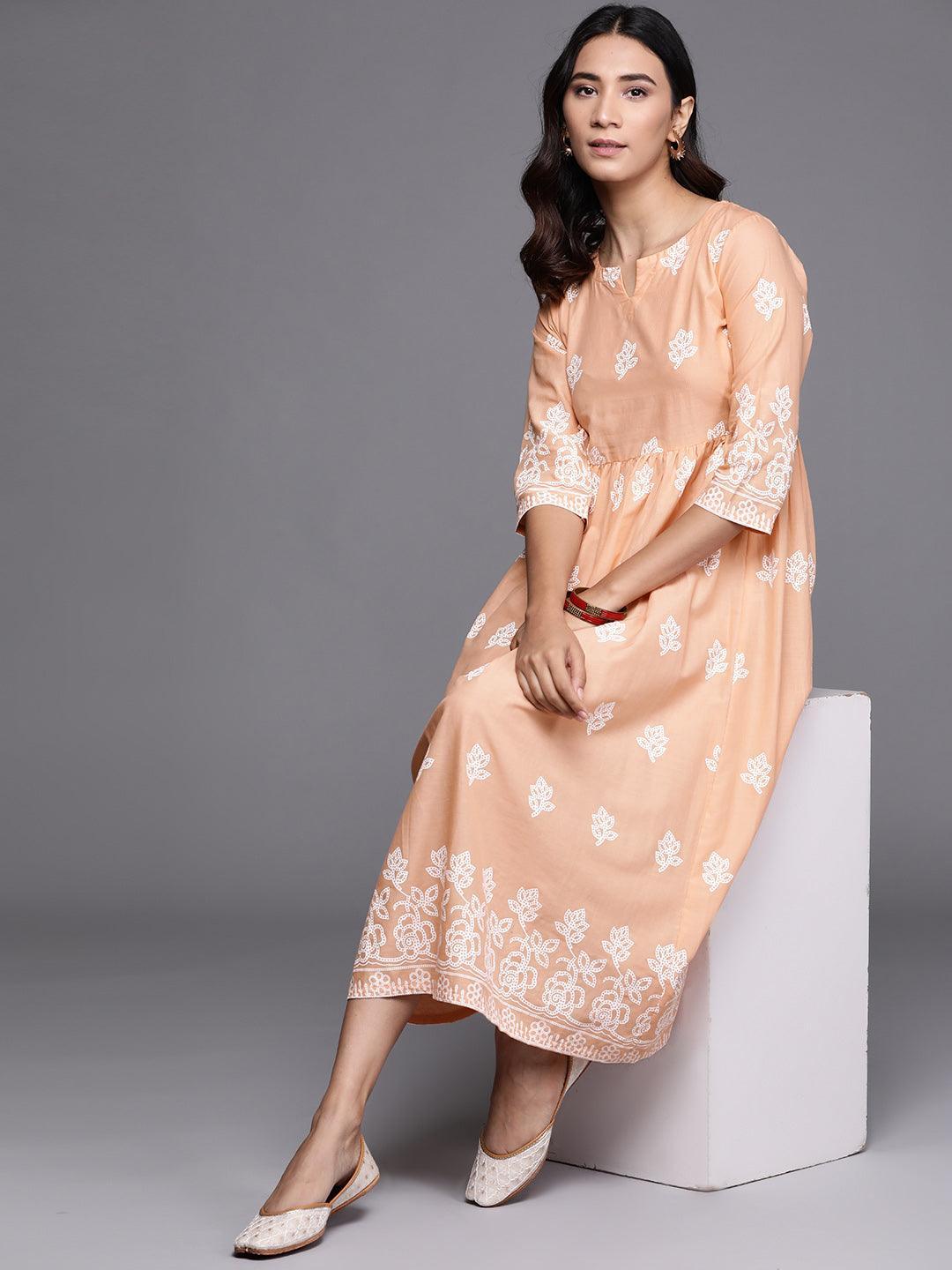 Beige Printed Cotton Dress - ShopLibas