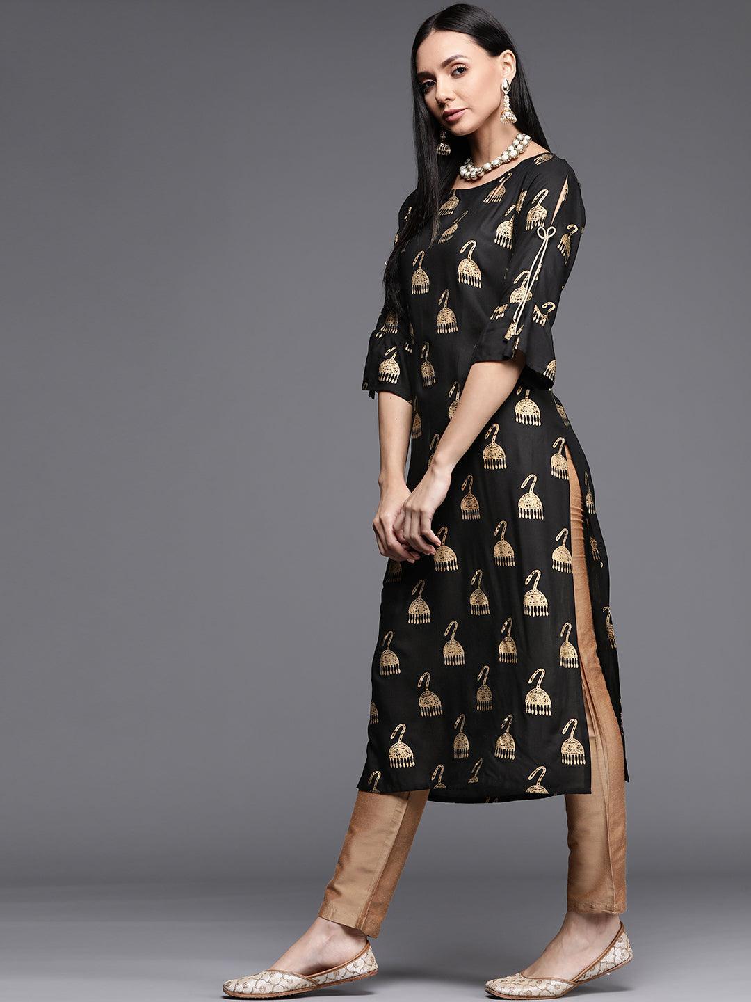 Black Printed Rayon Kurta - ShopLibas