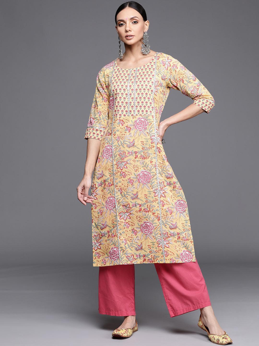 Yellow Printed Cotton Kurta - ShopLibas