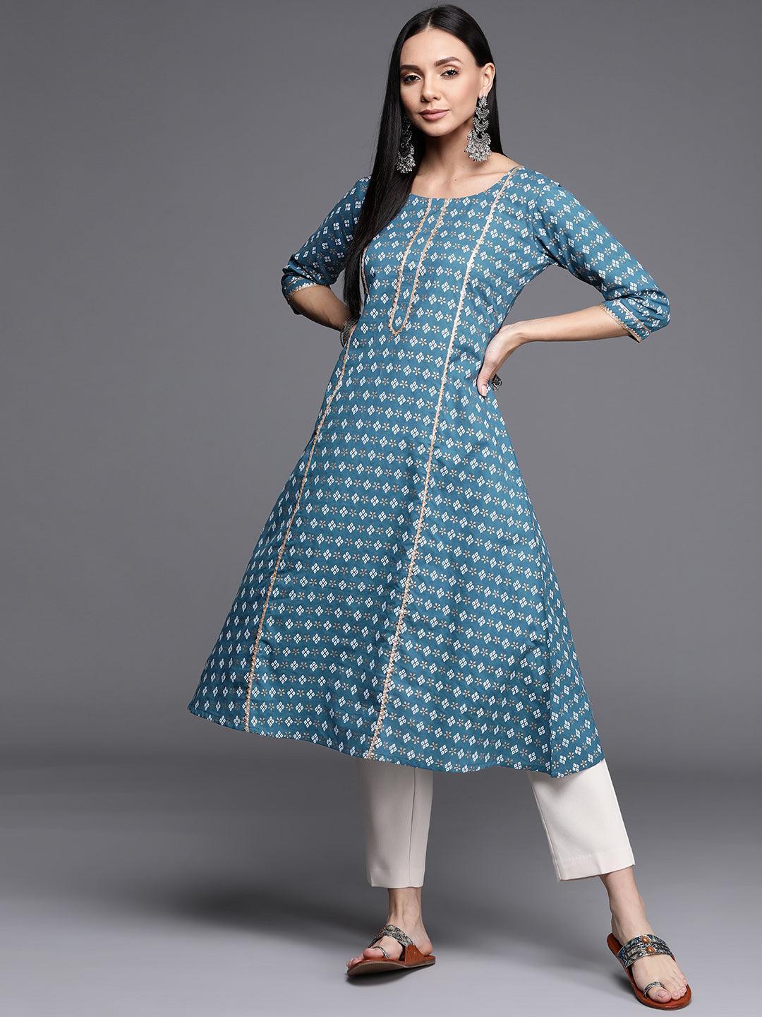Blue Printed Cotton Kurta - ShopLibas