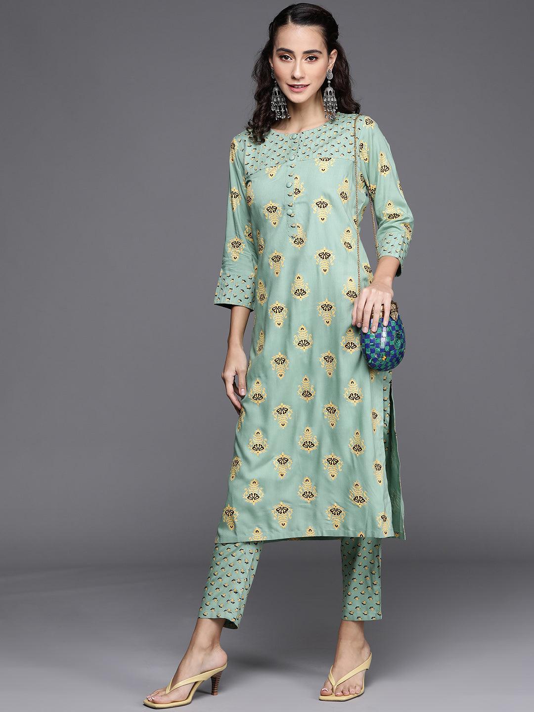 Green Printed Cotton Kurta - ShopLibas