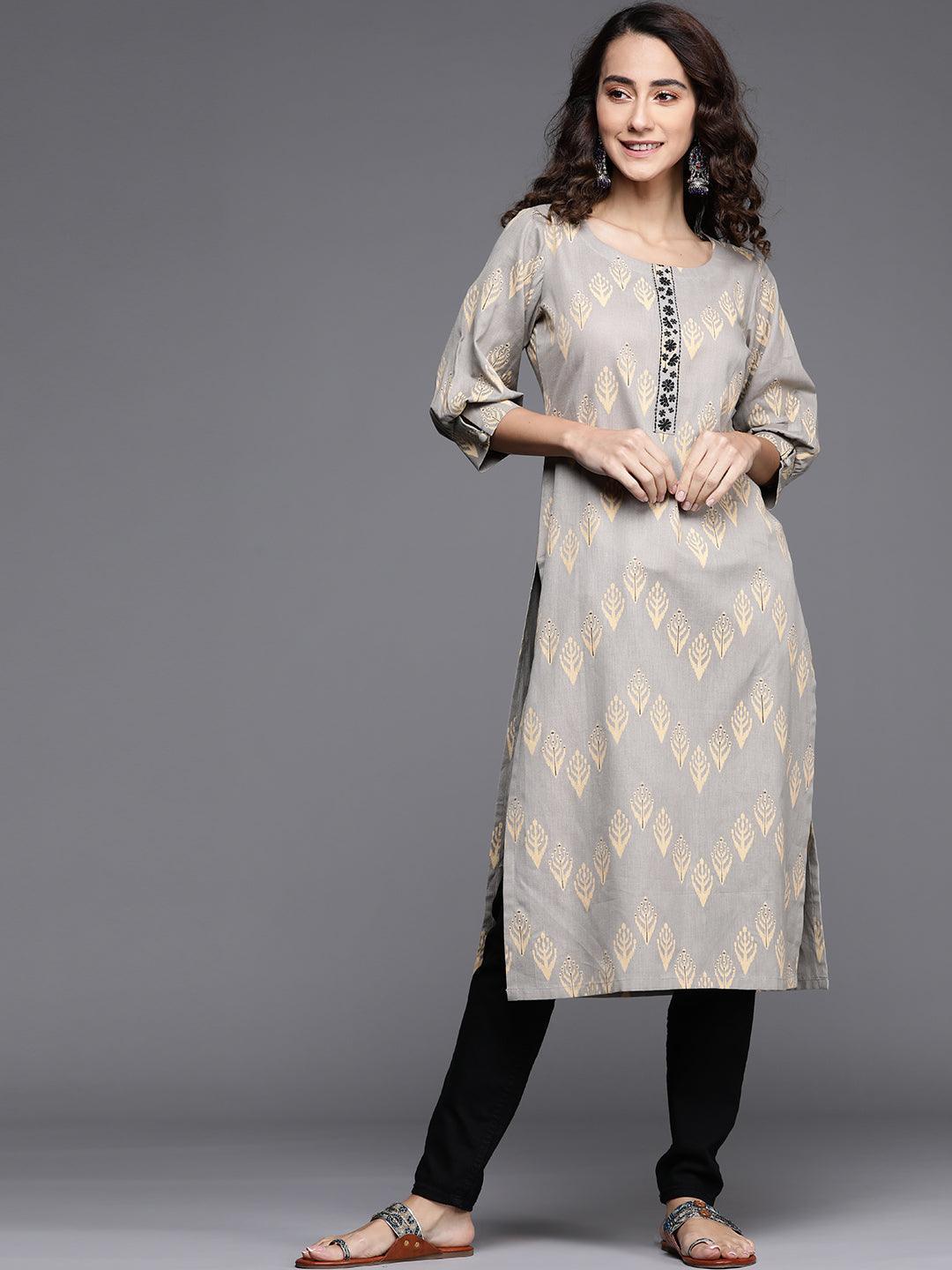 Grey Printed Cotton Kurta - ShopLibas