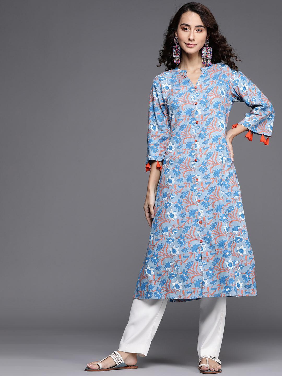 Blue Printed Cotton Kurta - ShopLibas