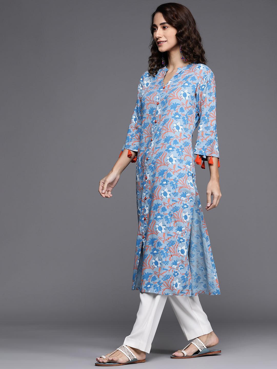 Blue Printed Cotton Kurta - ShopLibas