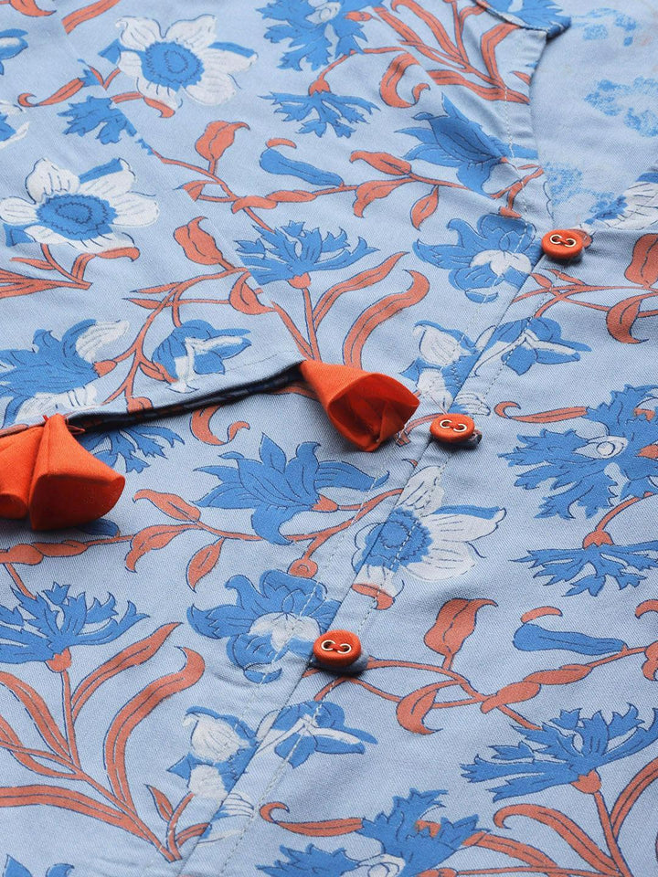 Blue Printed Cotton Kurta - ShopLibas