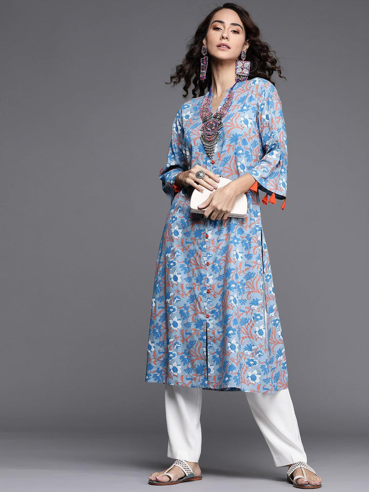 Blue Printed Cotton Kurta - ShopLibas