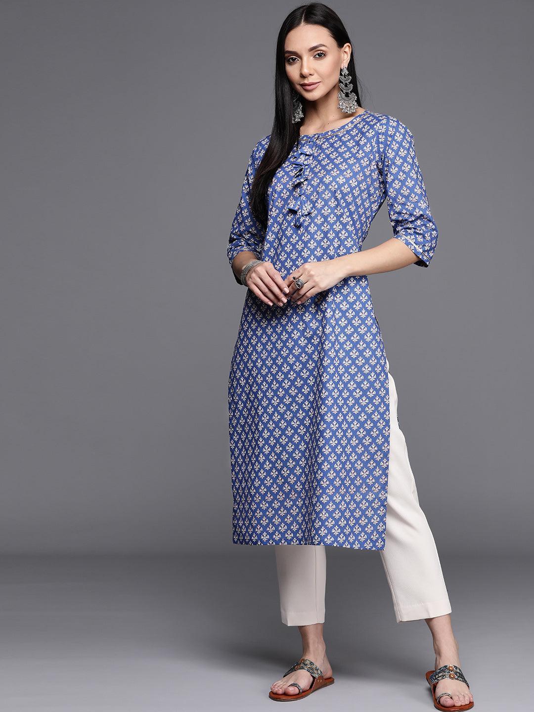 Blue Printed Cotton Kurta - ShopLibas