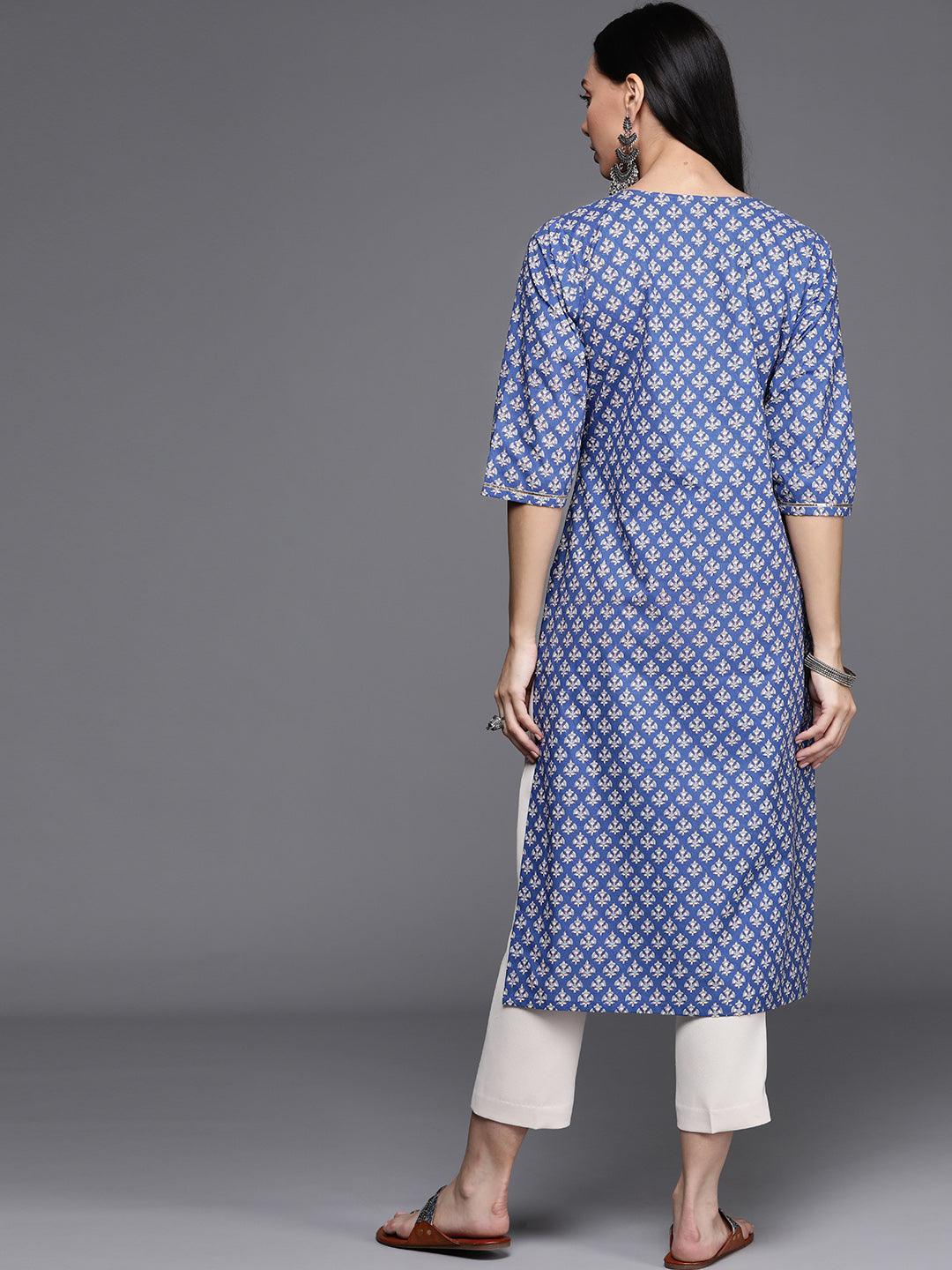 Blue Printed Cotton Kurta - ShopLibas