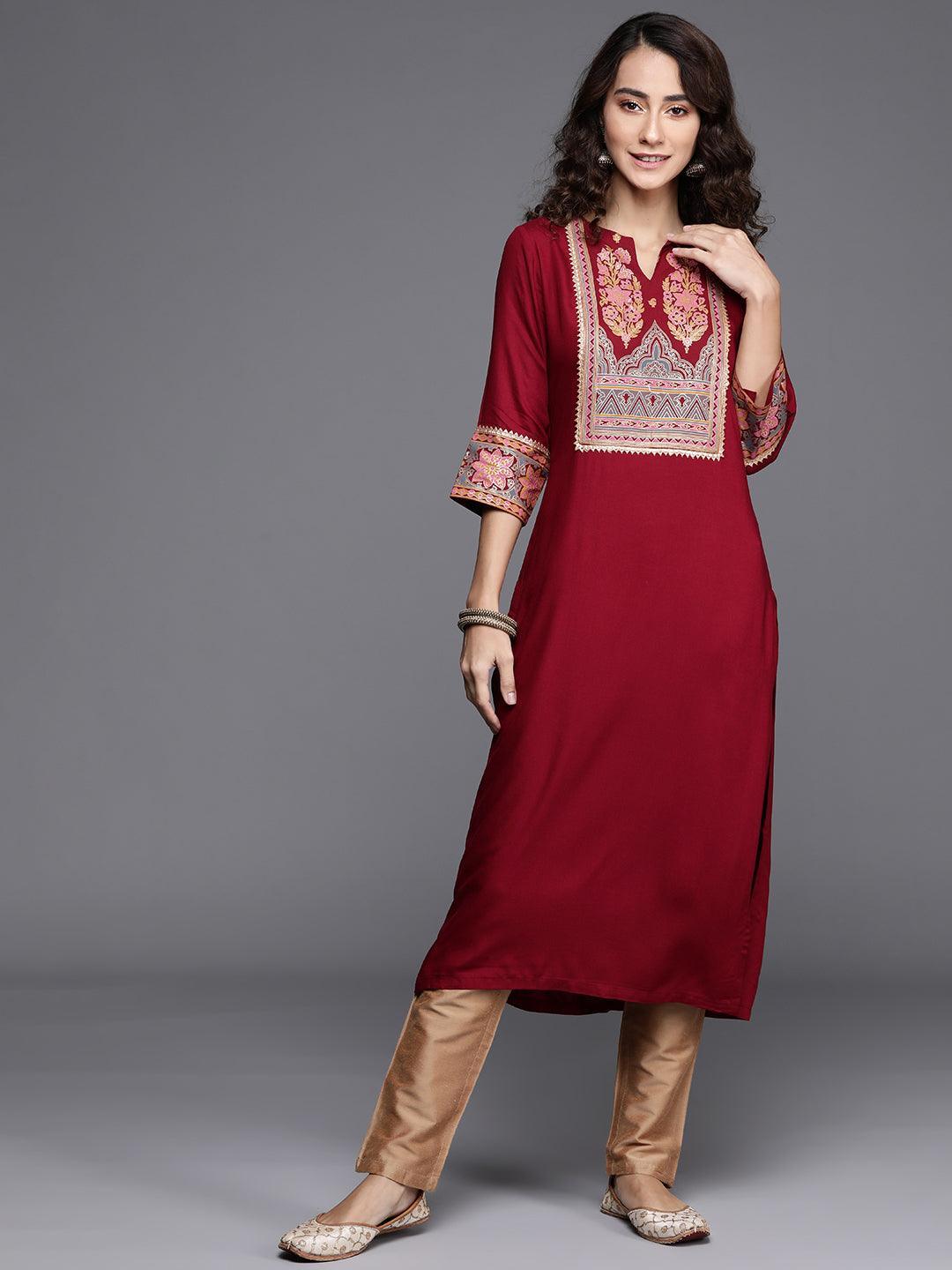 Maroon Printed Rayon Kurta - ShopLibas