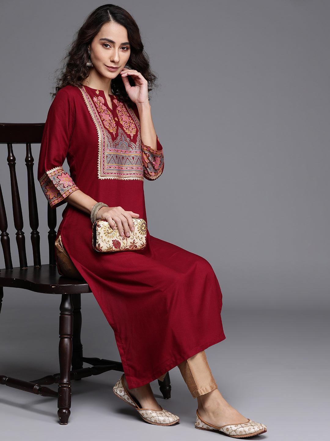 Maroon Printed Rayon Kurta - ShopLibas 