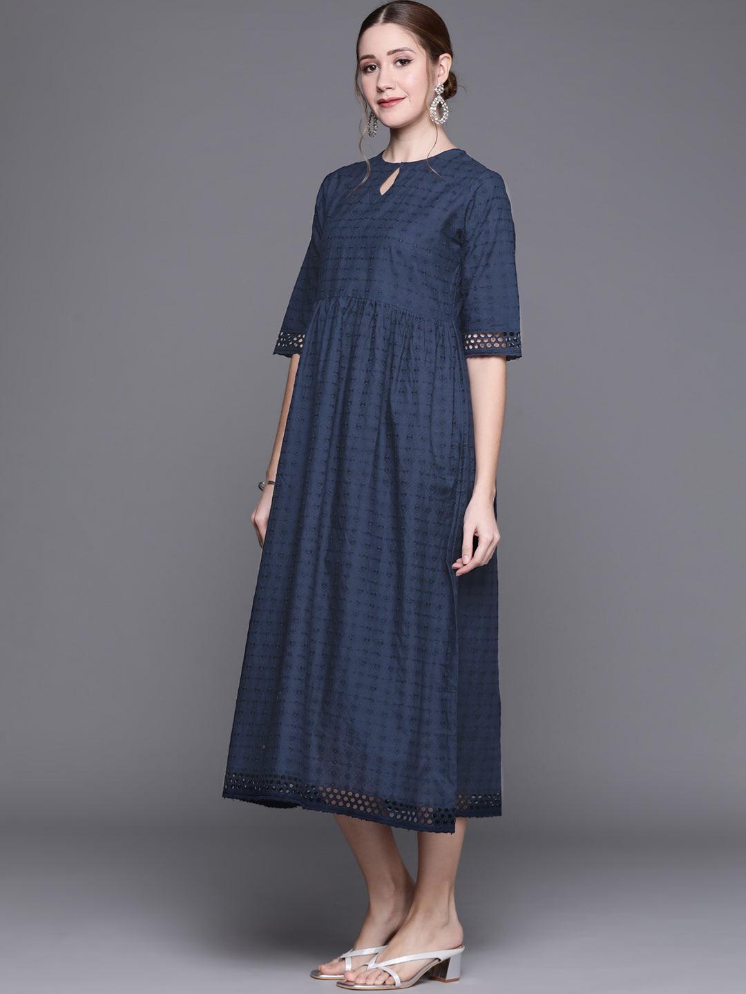 Blue Embroidered Cotton Dress - ShopLibas