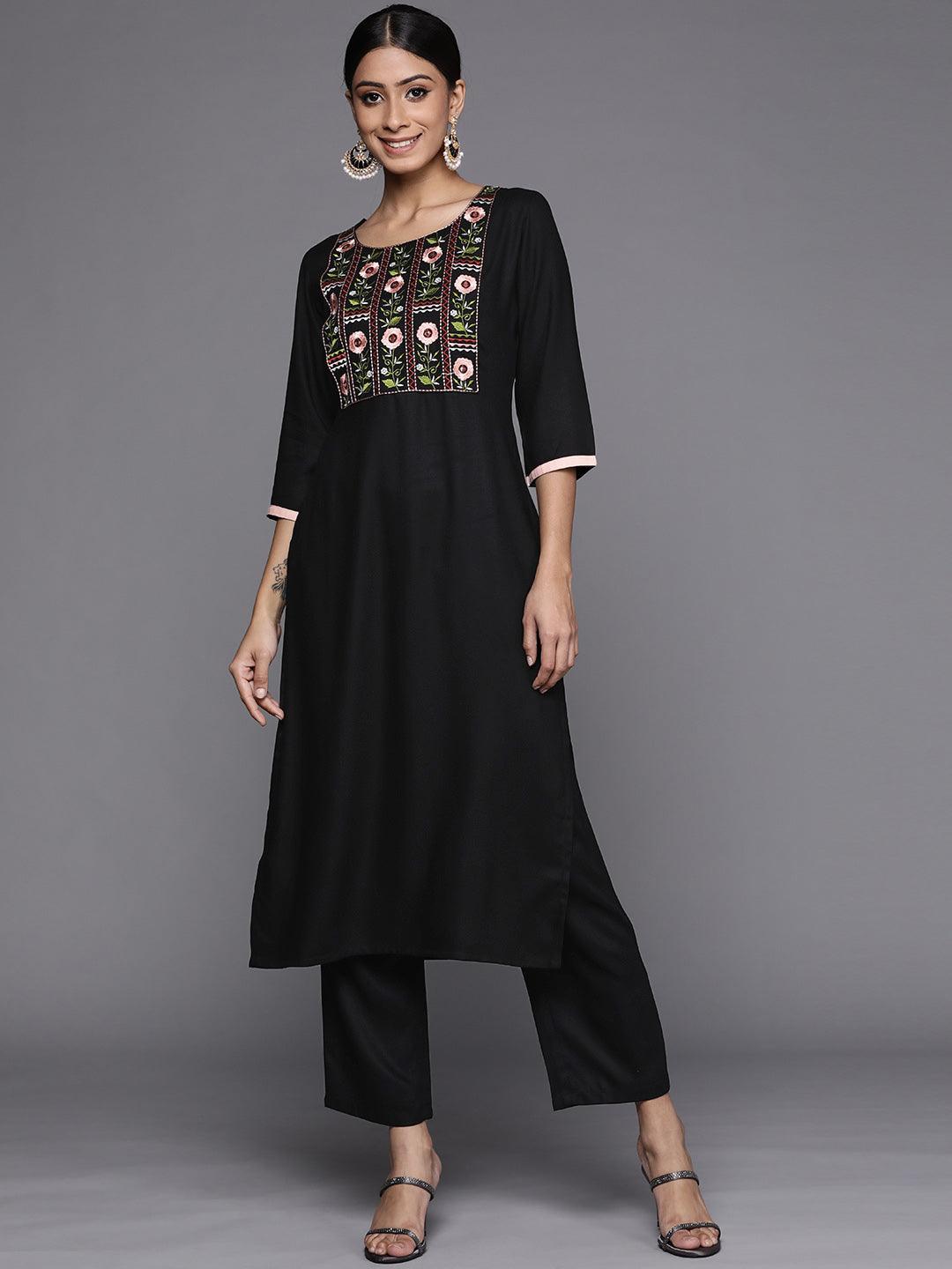 Black Printed Pashmina Wool Kurta - ShopLibas