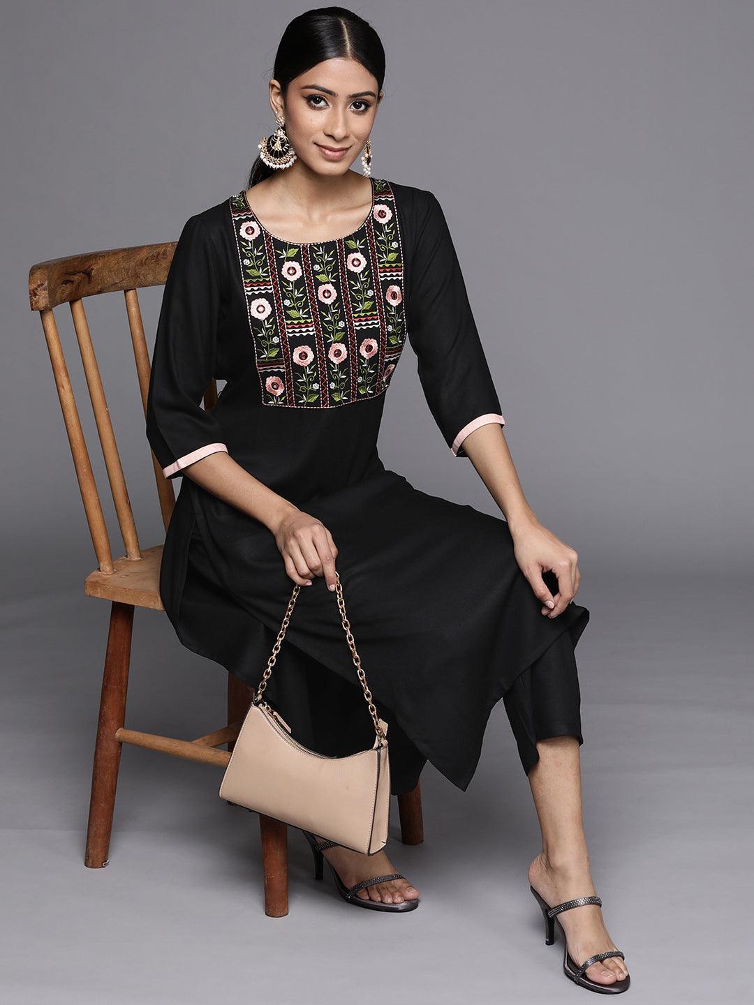 Black Printed Pashmina Wool Kurta - ShopLibas