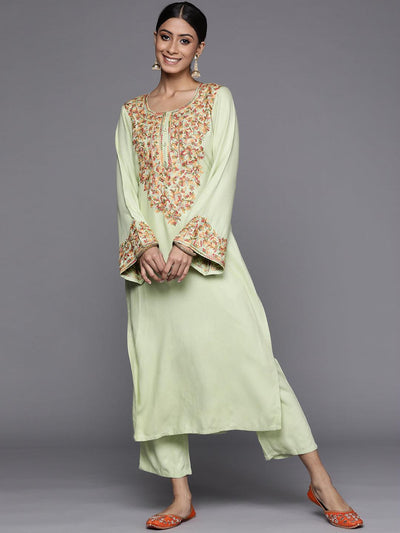 Green Printed Pashmina Wool Kurta - ShopLibas