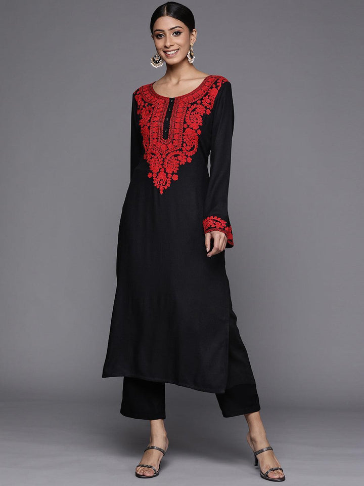 Black Printed Pashmina Wool Kurta - ShopLibas