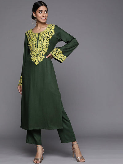 Green Printed Pashmina Wool Kurta - ShopLibas