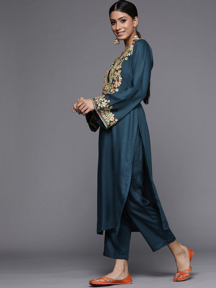 Blue Printed Pashmina Wool Kurta - ShopLibas