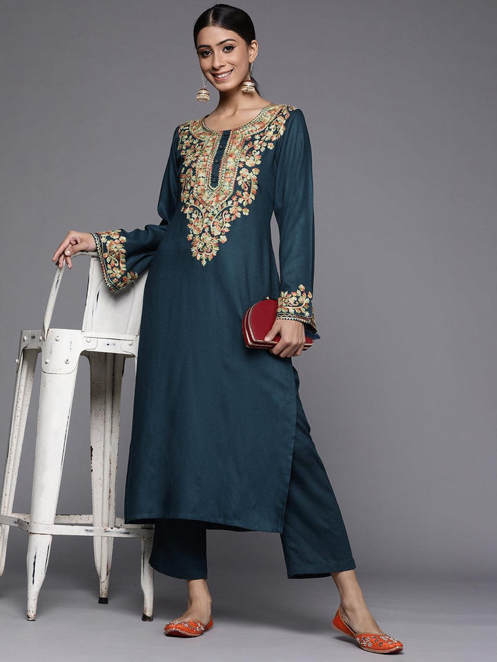 Blue Printed Pashmina Wool Kurta - ShopLibas