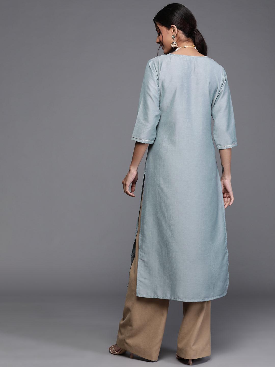 Blue Printed Chanderi Silk Kurta - ShopLibas
