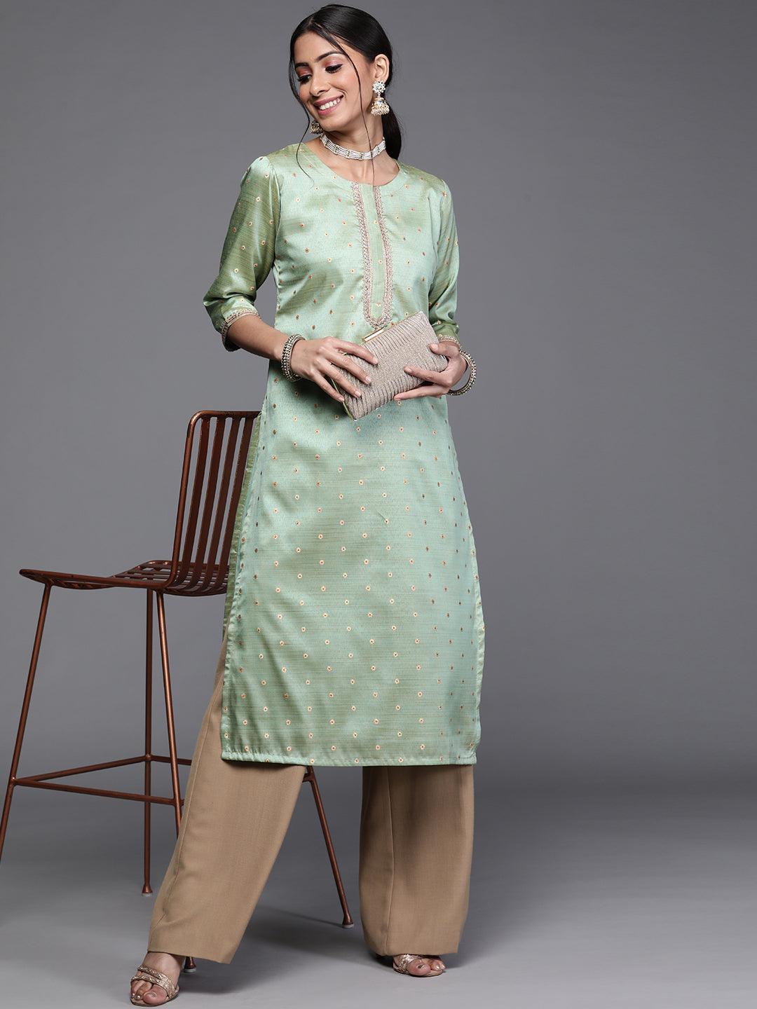 Green Woven Design Chanderi Silk Kurta - ShopLibas