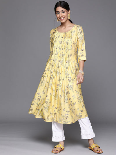 Yellow Printed Chanderi Silk Kurta - ShopLibas