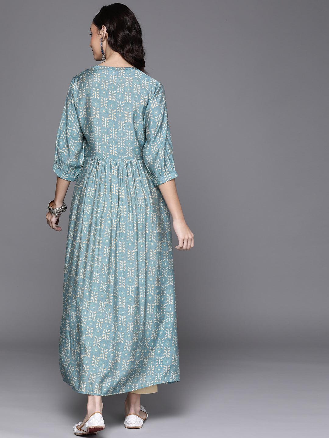 Blue Printed Chanderi Silk Kurta - ShopLibas
