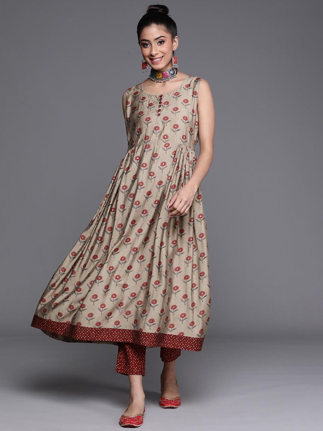Beige Printed Chanderi Silk Kurta - ShopLibas