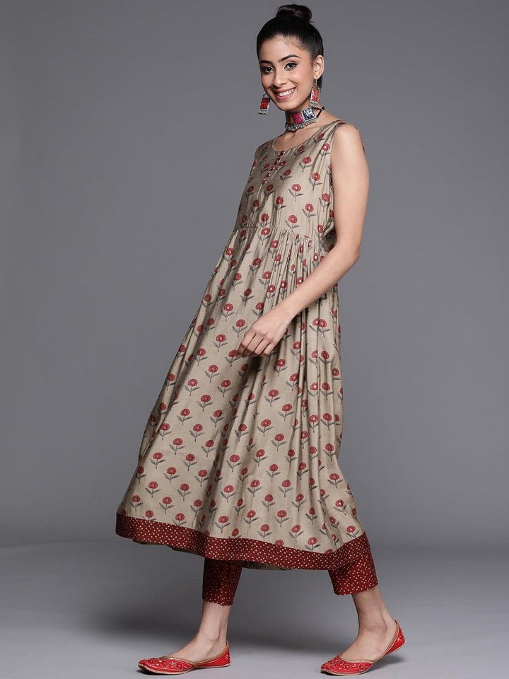 Beige Printed Chanderi Silk Kurta - ShopLibas