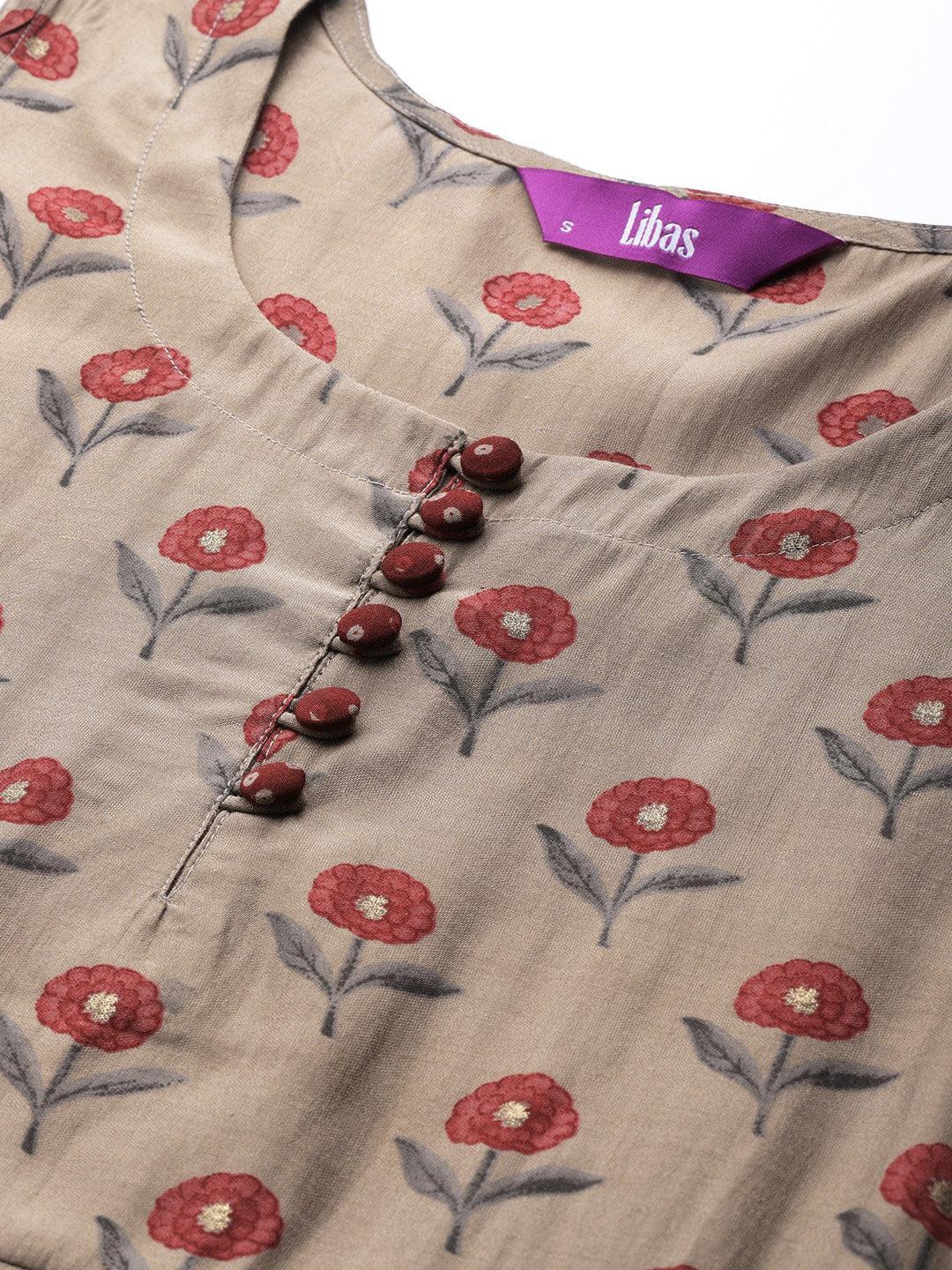 Beige Printed Chanderi Silk Kurta - ShopLibas