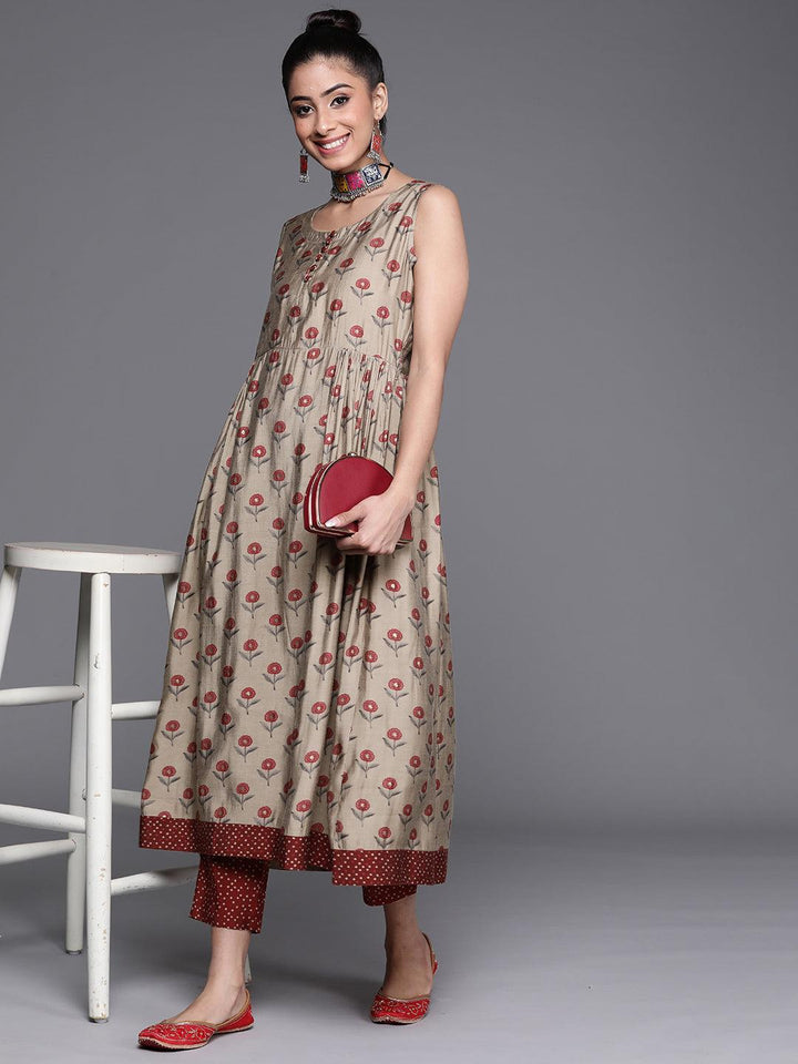 Beige Printed Chanderi Silk Kurta - ShopLibas