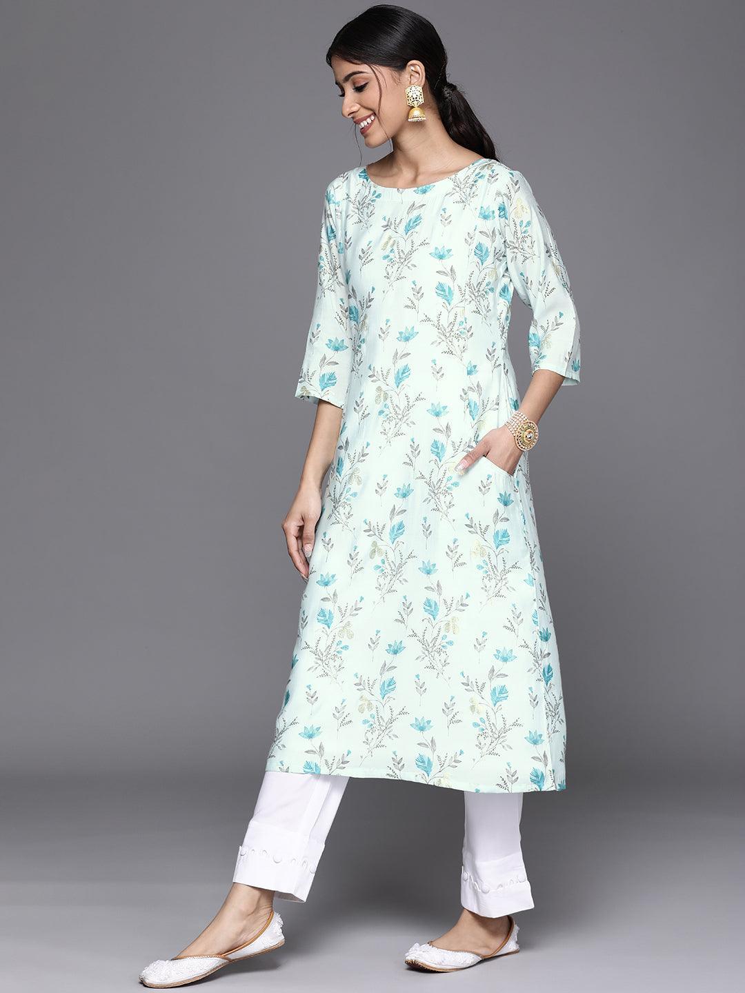 Blue Printed Chanderi Silk Kurta - ShopLibas