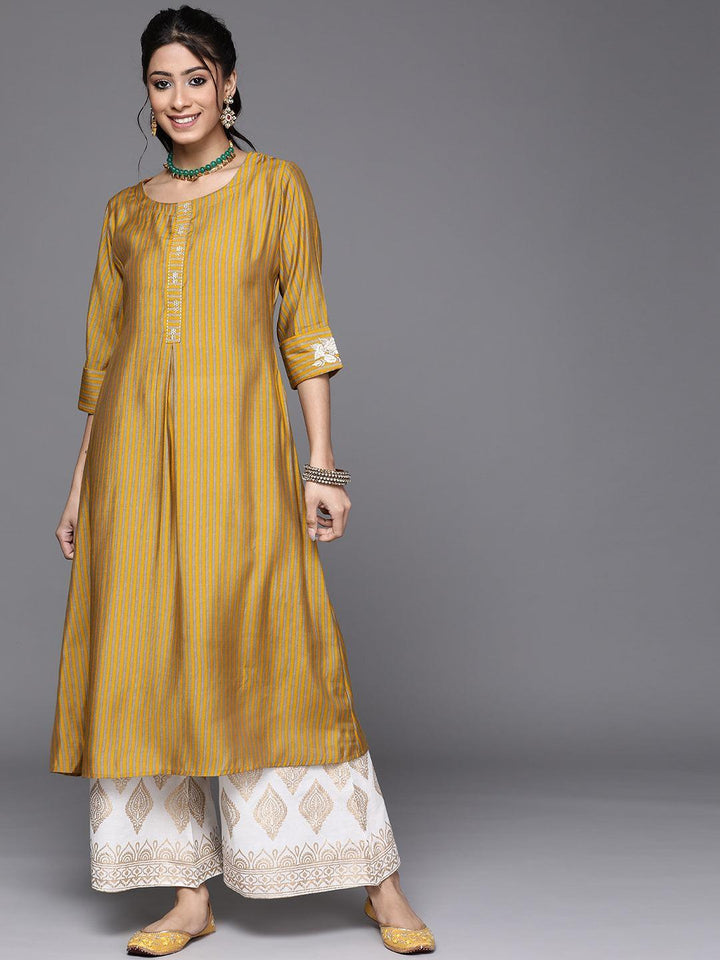 Yellow Striped Chanderi Silk Kurta - ShopLibas