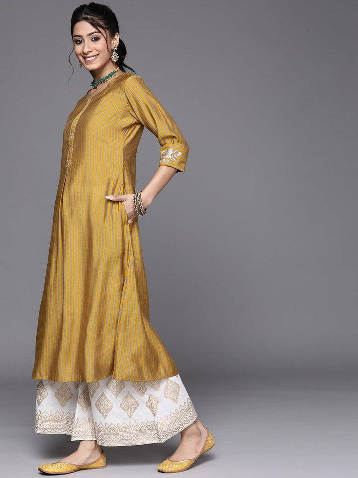 Yellow Striped Chanderi Silk Kurta - ShopLibas