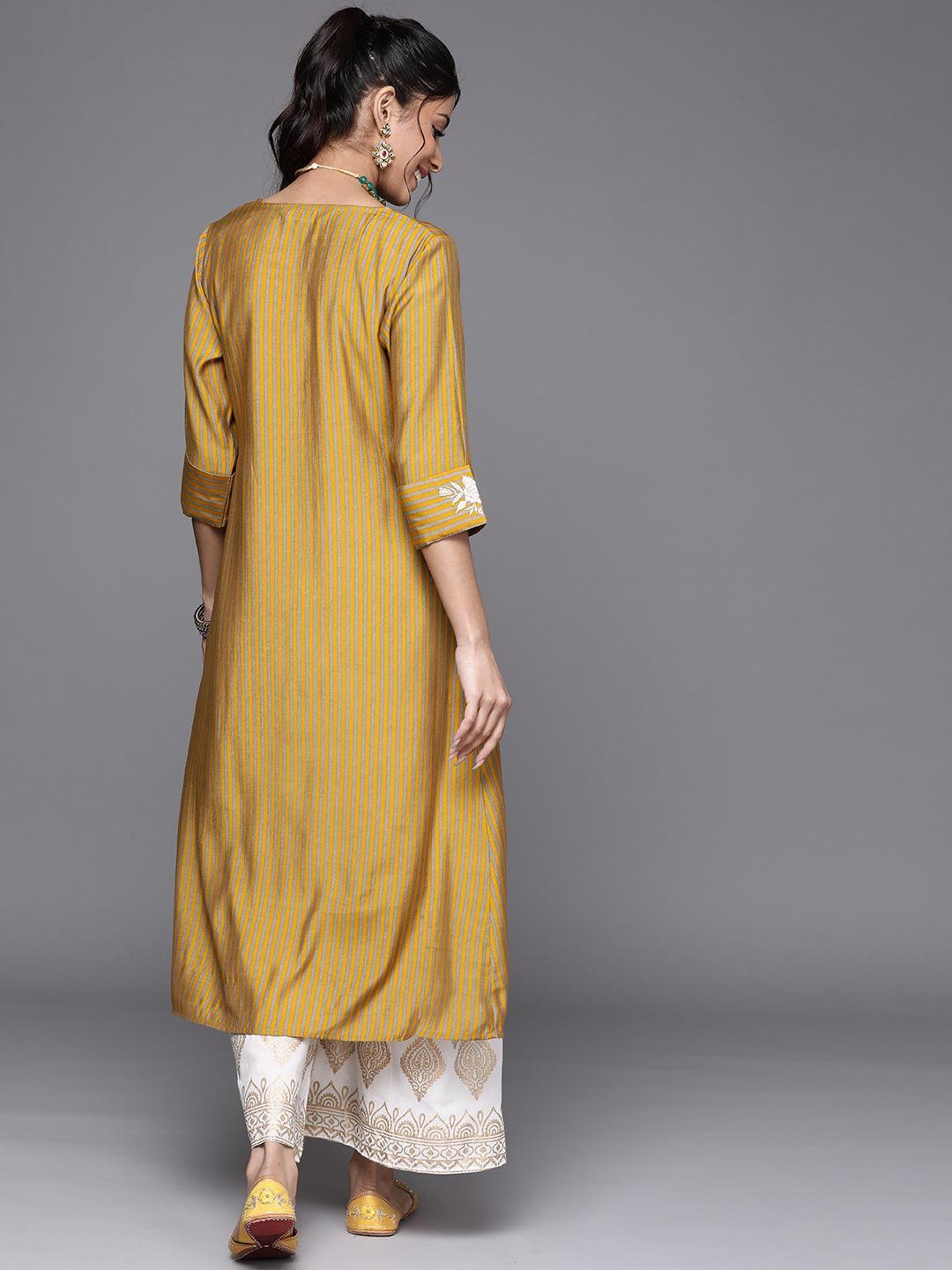 Yellow Striped Chanderi Silk Kurta - ShopLibas