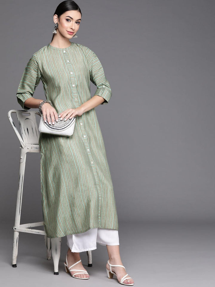 Green Striped Chanderi Silk Kurta - ShopLibas