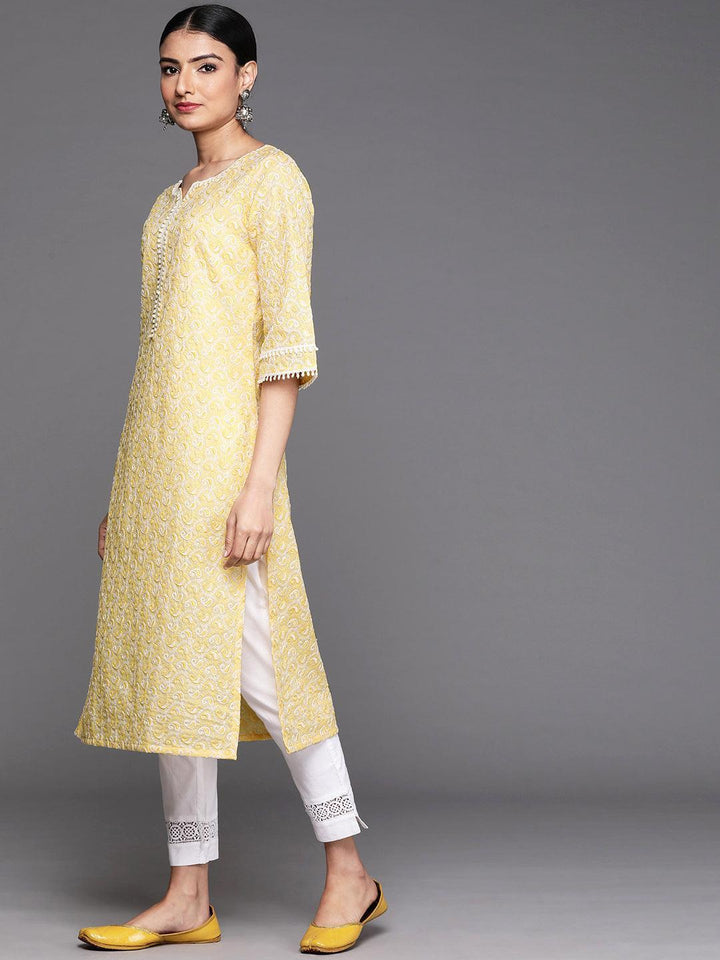 Yellow Embroidered Cotton Kurta - ShopLibas