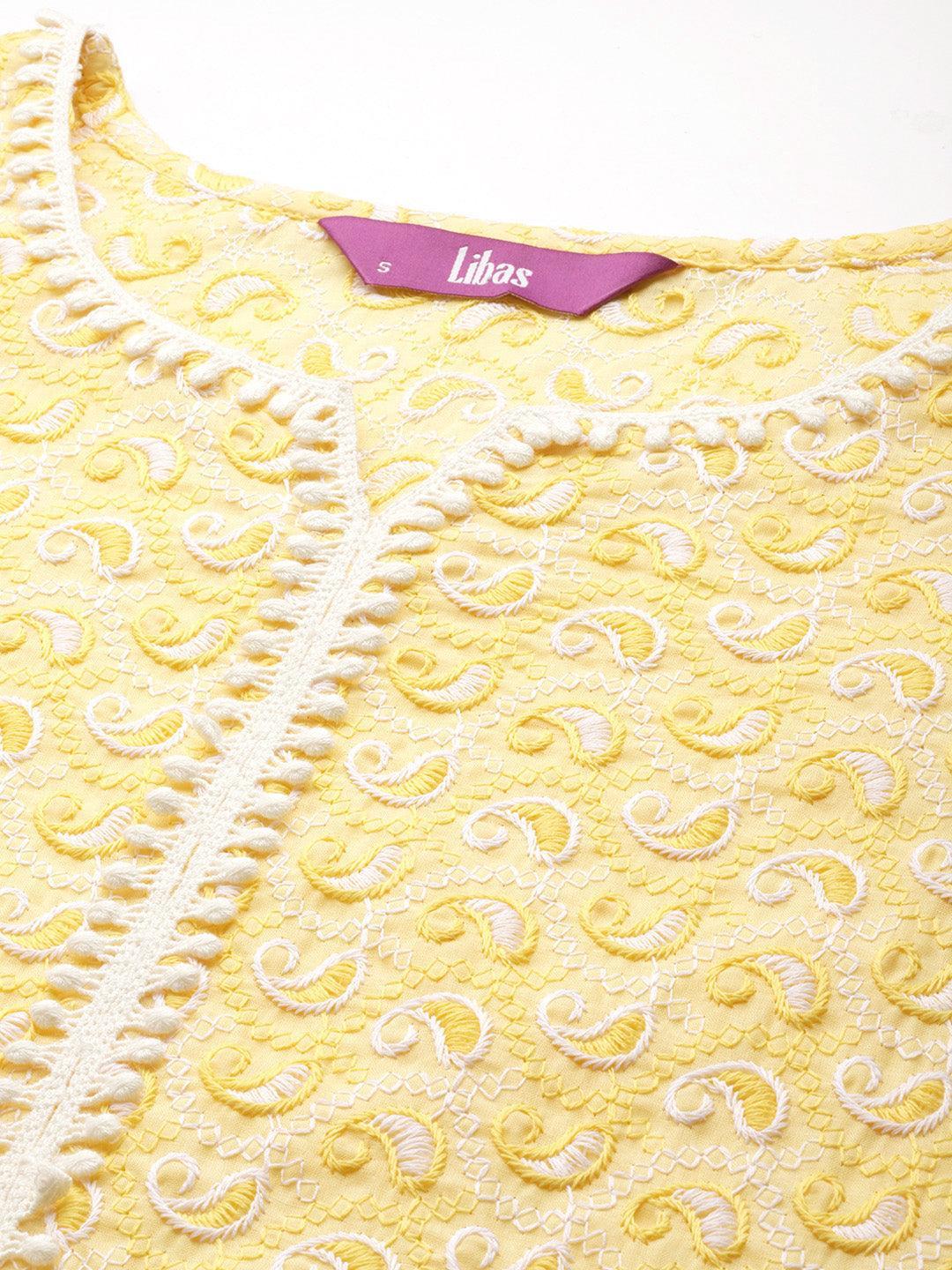 Yellow Embroidered Cotton Kurta - ShopLibas