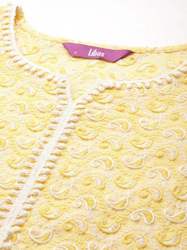 Yellow Embroidered Cotton Kurta - ShopLibas