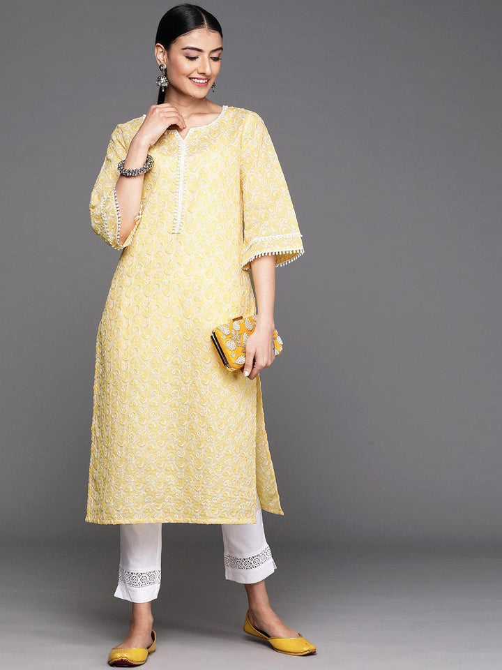 Yellow Embroidered Cotton Kurta - ShopLibas