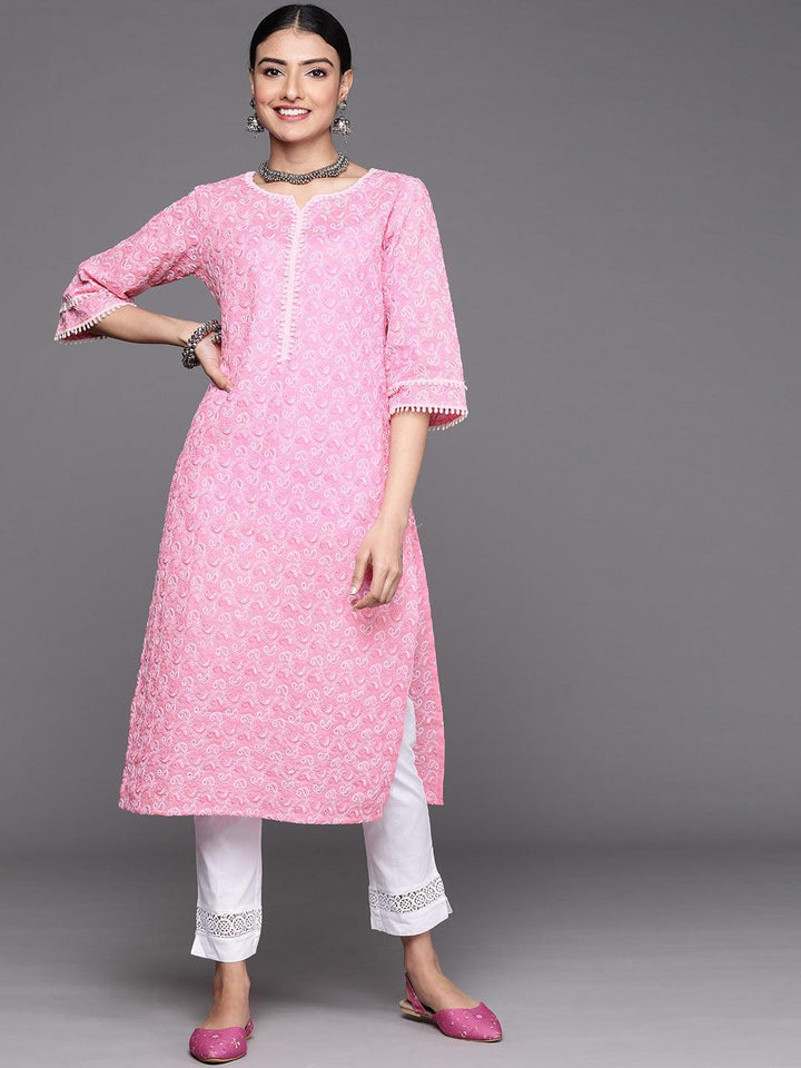 Pink Embroidered Cotton Kurta - ShopLibas