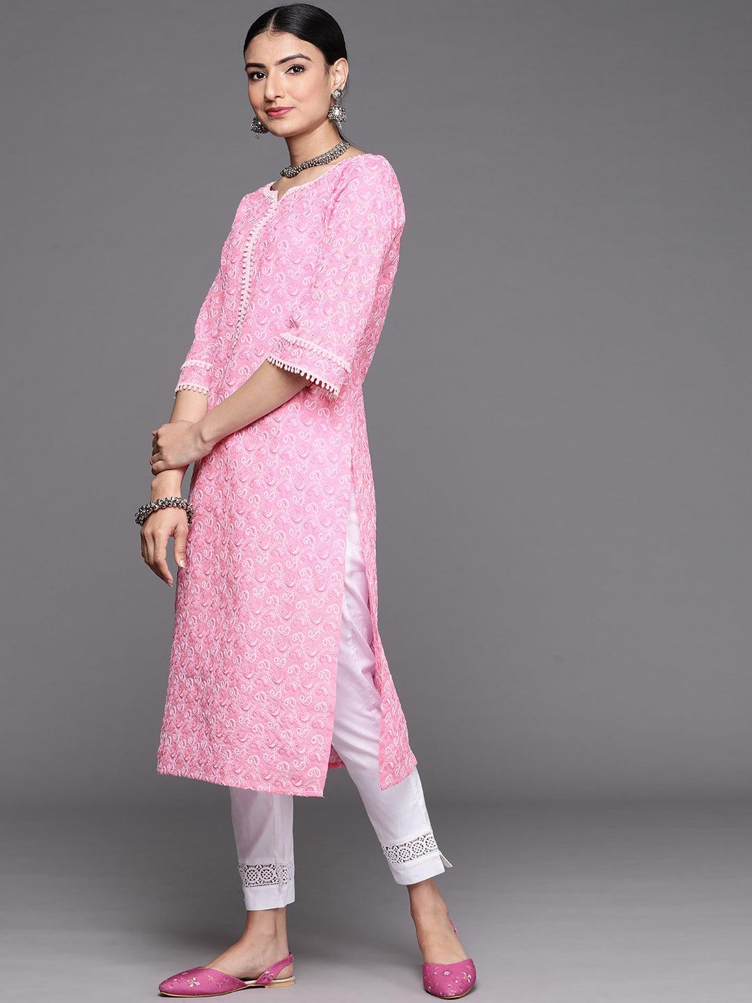 Pink Embroidered Cotton Kurta - ShopLibas