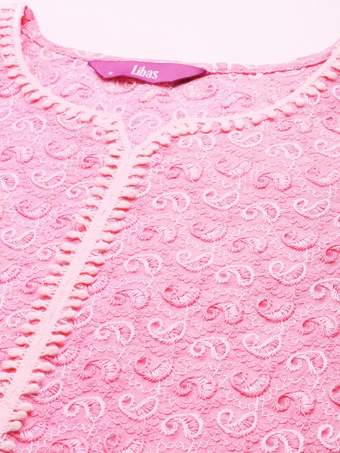 Pink Embroidered Cotton Kurta - ShopLibas
