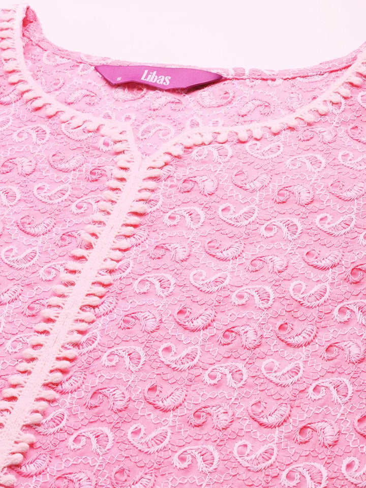 Pink Embroidered Cotton Kurta - ShopLibas