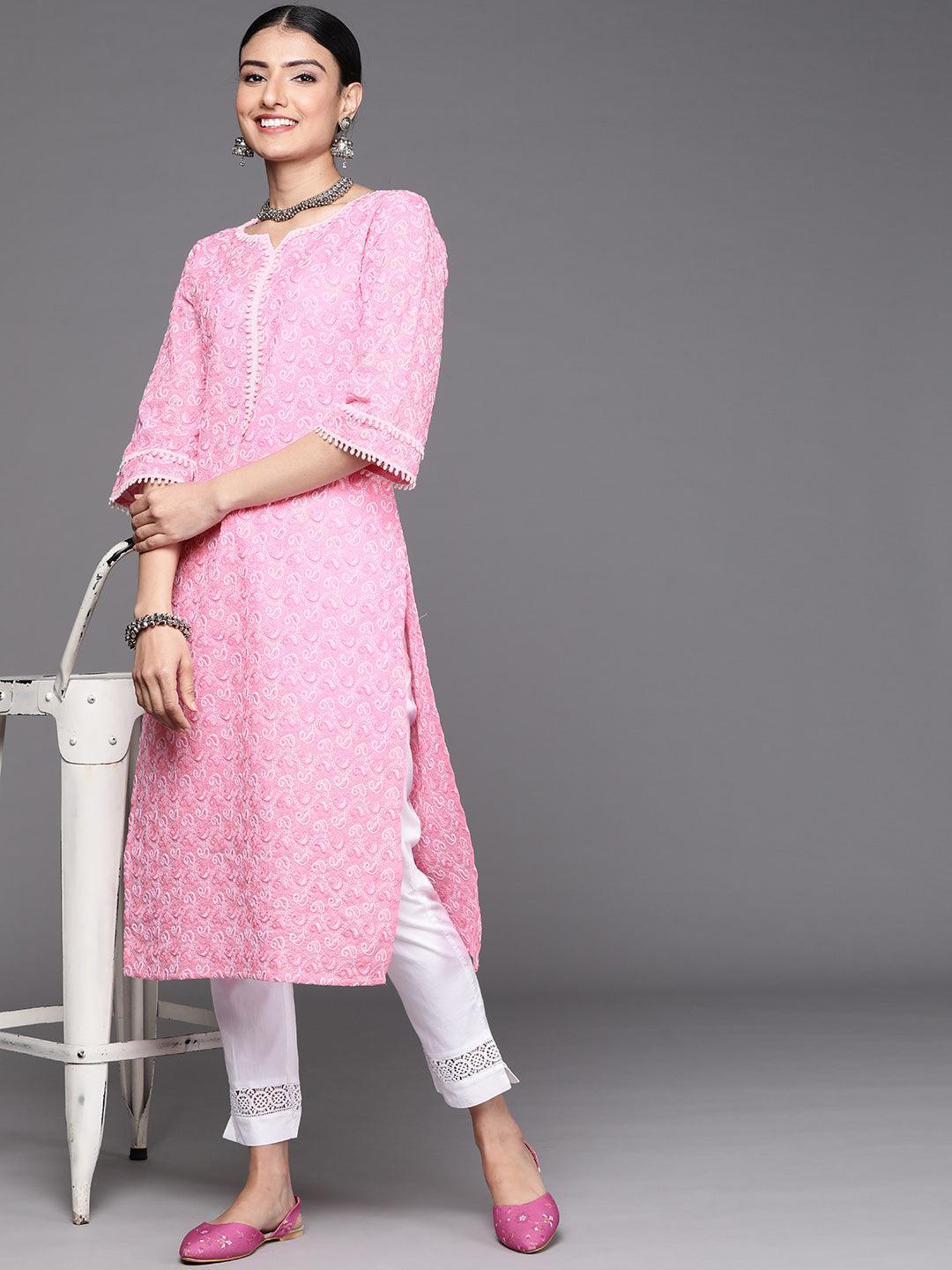Pink Embroidered Cotton Kurta - ShopLibas