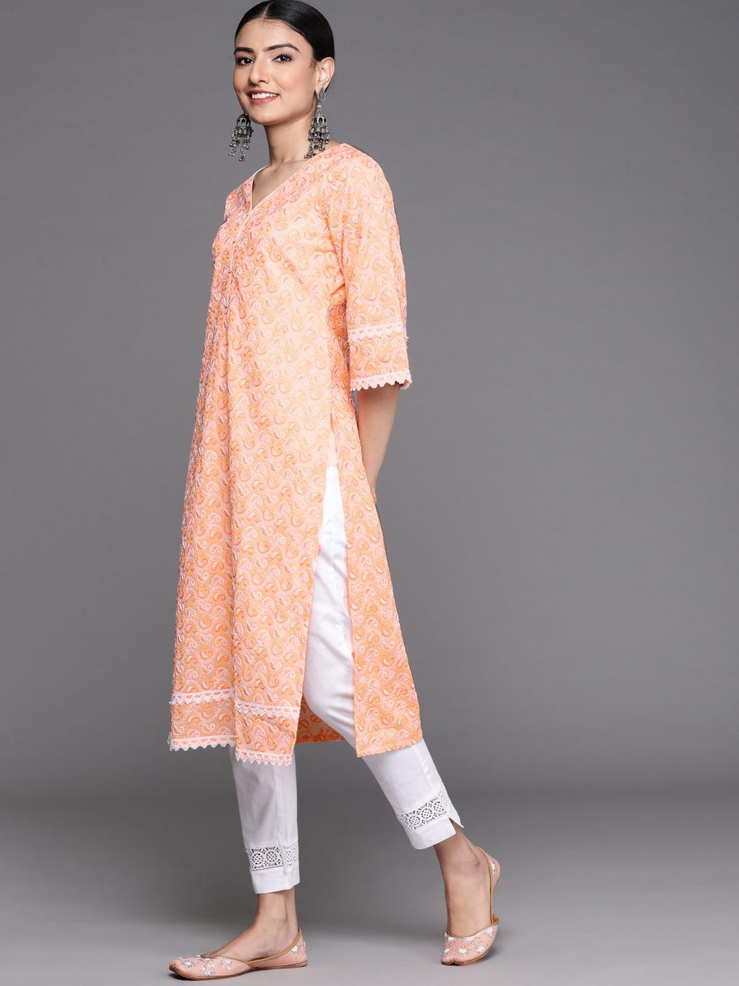 Orange Embroidered Cotton Kurta - ShopLibas