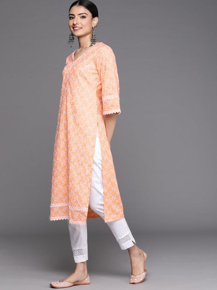 Orange Embroidered Cotton Kurta - ShopLibas