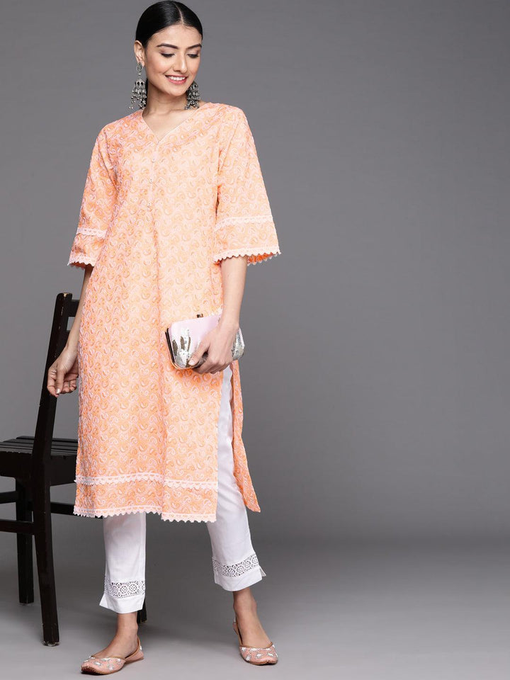 Orange Embroidered Cotton Kurta - ShopLibas
