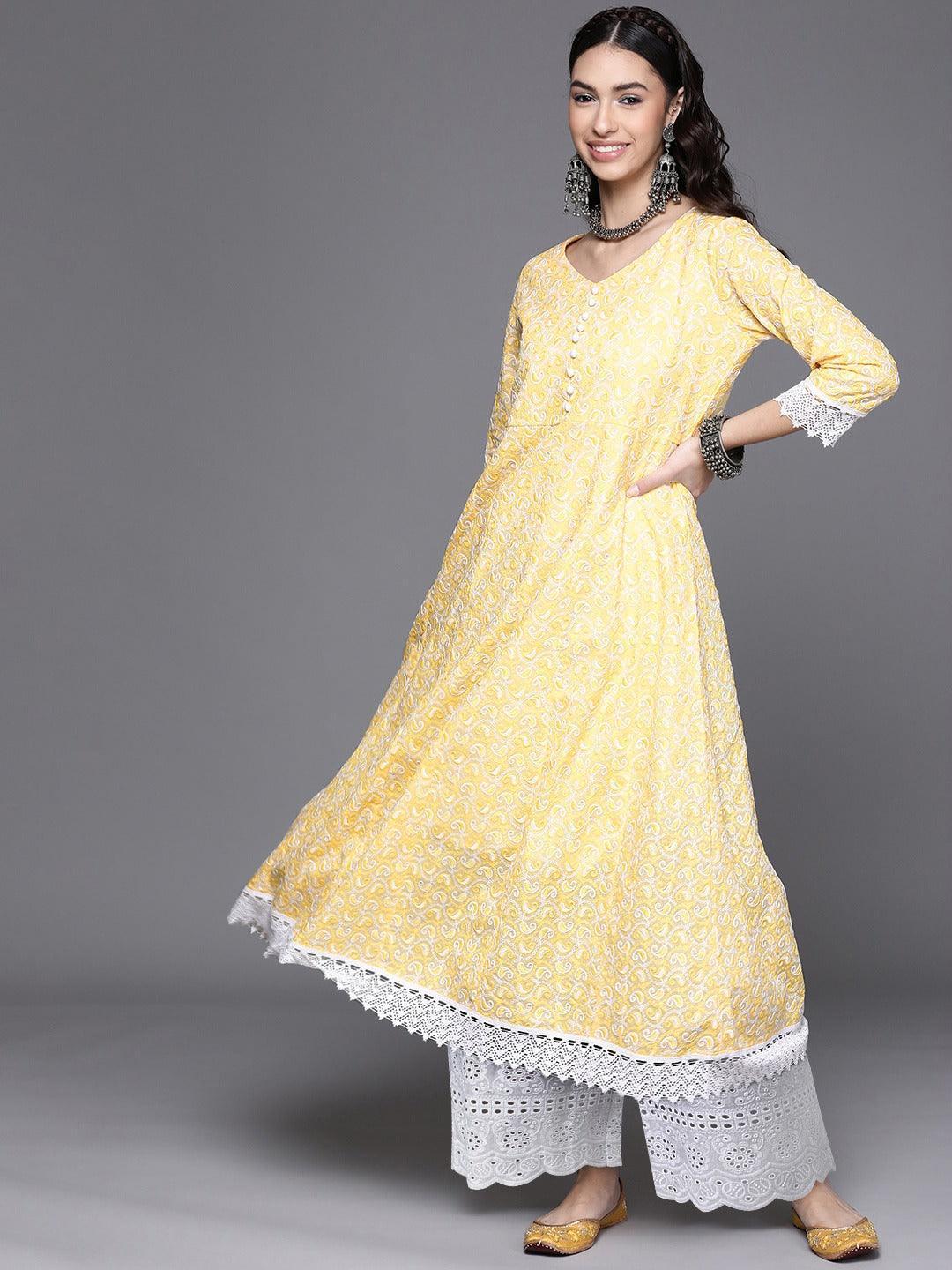 Yellow Embroidered Cotton Kurta - ShopLibas
