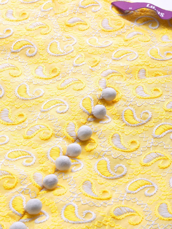 Yellow Embroidered Cotton Kurta - ShopLibas
